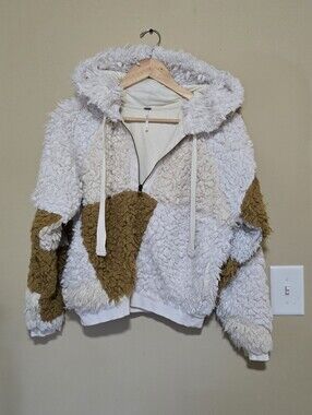 Free People Colorblock Teddy Sherpa Hoodie in Cream and Brown